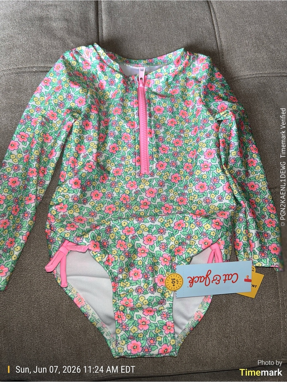 Cat & Jack 3T Long-Sleeve Pink Floral One-Piece Swimsuit for Kids